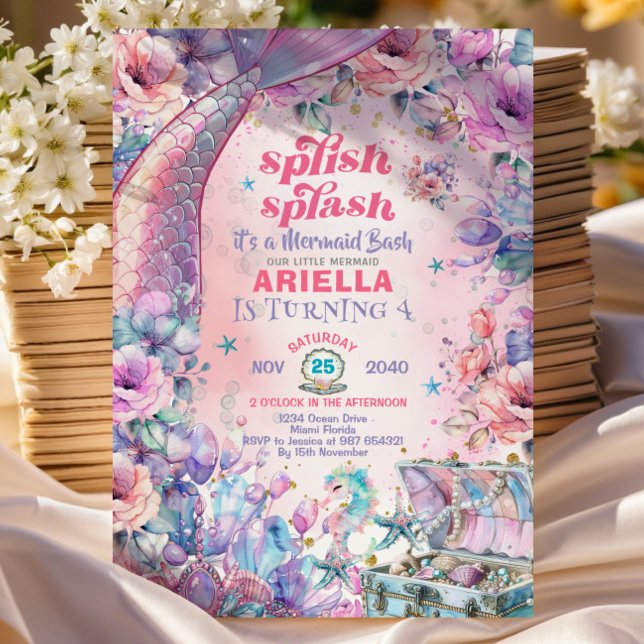Flower Glitter Mermaid Tail 4th Birthday  Inbjudningar (Skapare uppladdad)
