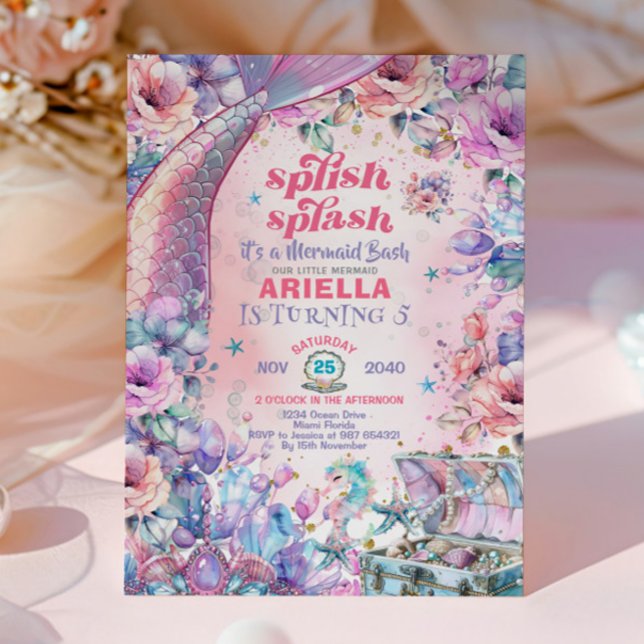 Flower Glitter Mermaid Tail 5-års födelsedag  Inbjudningar (Skapare uppladdad)