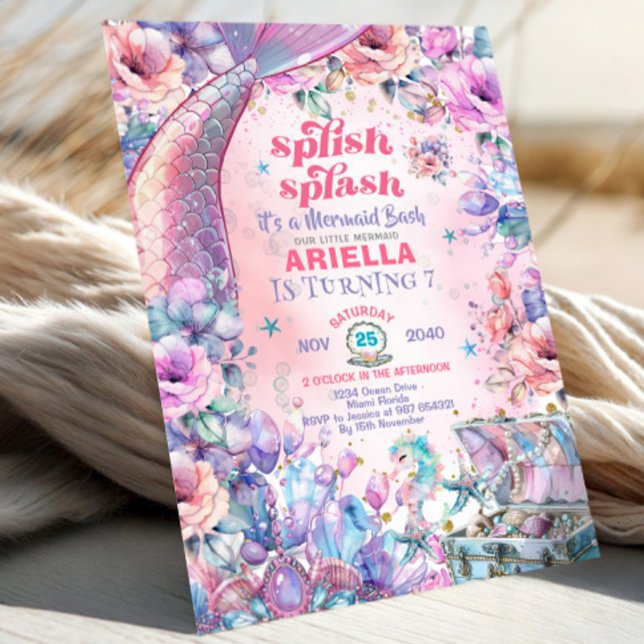 Flower Glitter Mermaid Tail 7th Birthday  Inbjudningar (Skapare uppladdad)