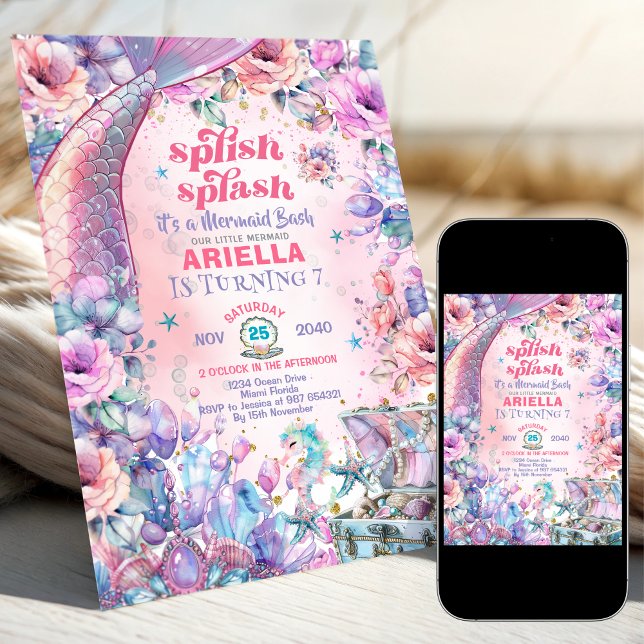 Flower Glitter Mermaid Tail 7th Birthday  Inbjudningar (Skapare uppladdad)