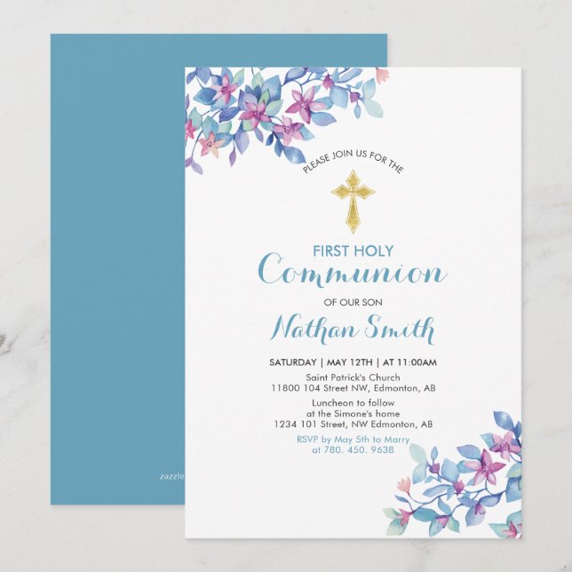 Flower & Guld Kor | Boy First Heliga Communion Inbjudningar (Fram/baksida)