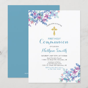 Flower & Guld Kor   Boy First Heliga Communion Inbjudningar