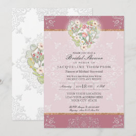 Flower Heart w Snöre Dusty Berry Rosa Möhippa Inbjudningar