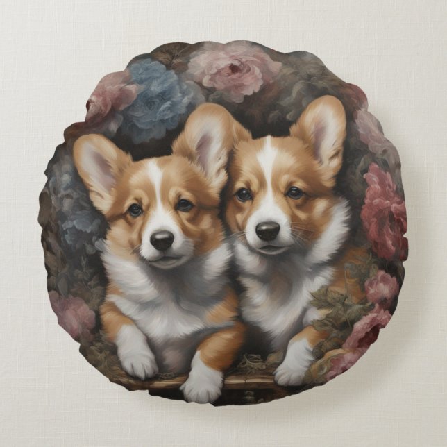 Flower Hund aveln Porträtt 5 Rund Kudde (Framsidan)