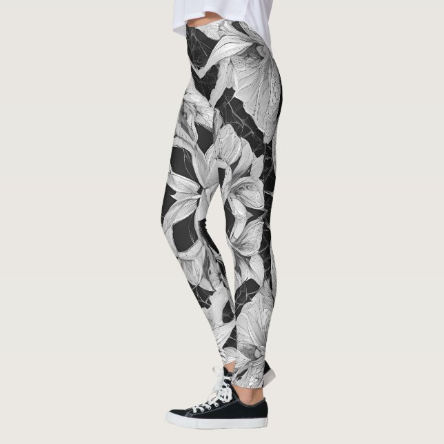 Flower Illustration-design, svart och vitt Leggings (Vänster)