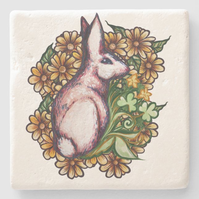 Flower Klöver Rabbit Cute Rabbits bunny art Stenunderlägg (Framsidan)