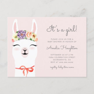 Flower Krona & Llama Girl Baby Shower Inbjudan Vykort
