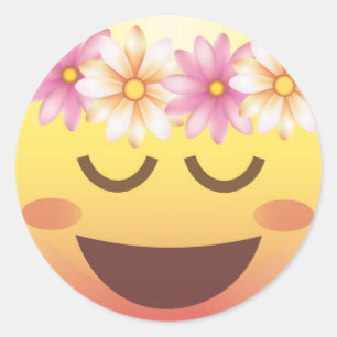Flower Krona Lycklig Lugn Emoji Ansikte Sticker Runt Klistermärke