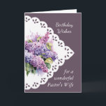Flower Lilac Bouquet Pastor's Wife Birthday Card Kort<br><div class="desc">Vintage Lilac Flower Bouquet för din pastor's frun Birthday i vers innefattar Må du bli utduschad med Guds kärlek och glädje på din speciella dag och varje dag</div>