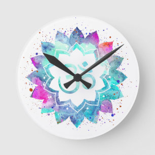 *~* Flower Lotus Mandala OM AUM Symbol Watercolor Rund Klocka