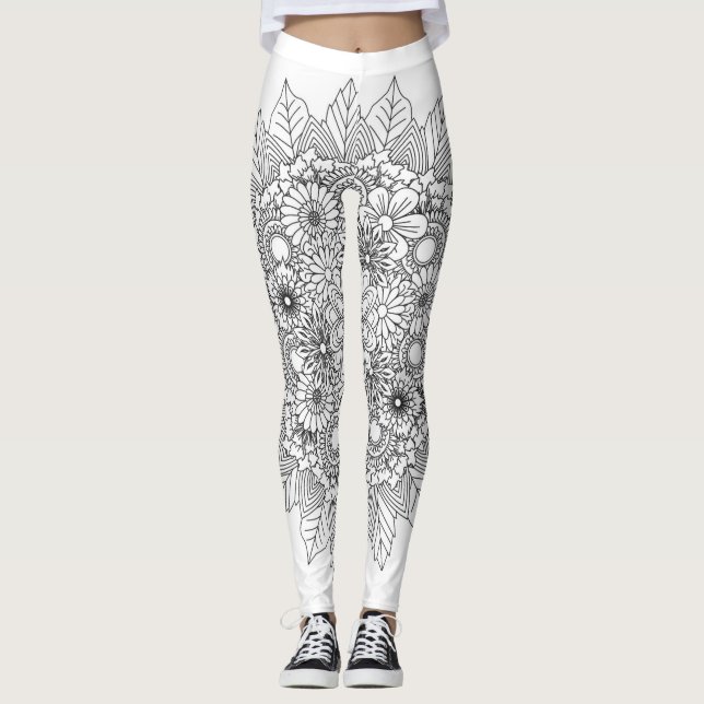 Flower Mandala Black and White Leggings (Framsida)