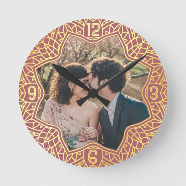 Flower Mandala Blommigt Shaped Photo Ro Rosa Guld Rund Klocka (Framsida)