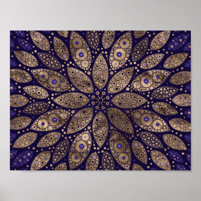 Flower Mandala - Dot Art - Lila och Guld Poster (Framsidan)