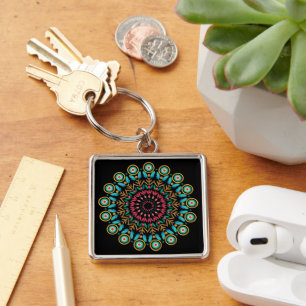Flower Mandala Keychain Fyrkantig Silverfärgad Nyckelring