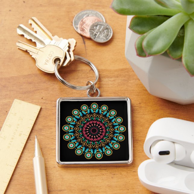 Flower Mandala Keychain Fyrkantig Silverfärgad Nyckelring (Skrivbord)