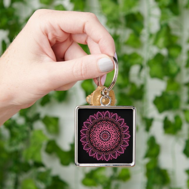 Flower Mandala Keychain Fyrkantig Silverfärgad Nyckelring (Hand)