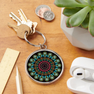 Flower Mandala Keychain Rund Silverfärgad Nyckelring