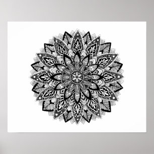 Flower Mandala, svart och vitt Poster