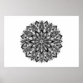 Flower Mandala, svart och vitt Poster