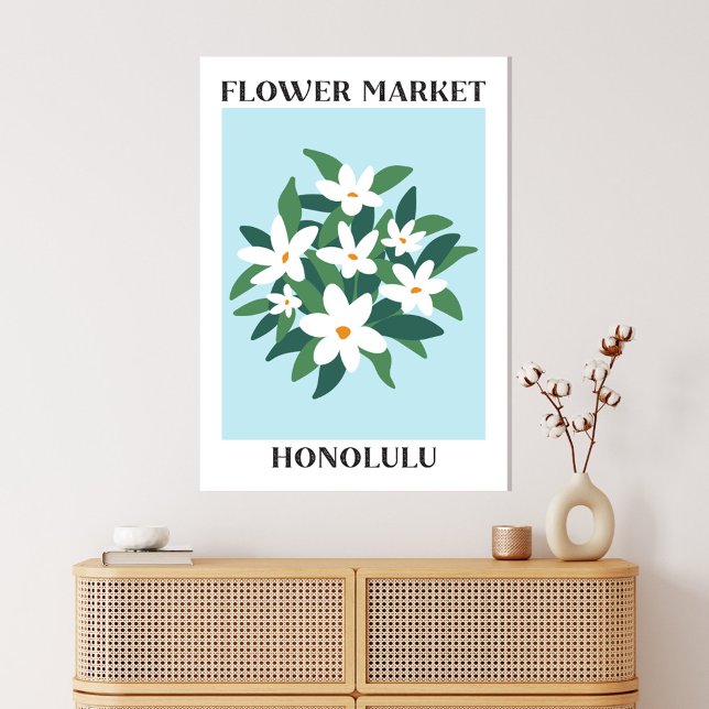 Flower Market Honolulu White Jasmine Blommigt Canvastryck (In situ boho interior)