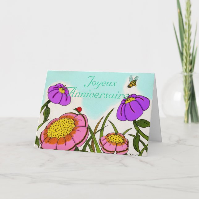 Flower Meadow ’Joyeux Anniversaire’ Birthday Card Kort (Framsida)