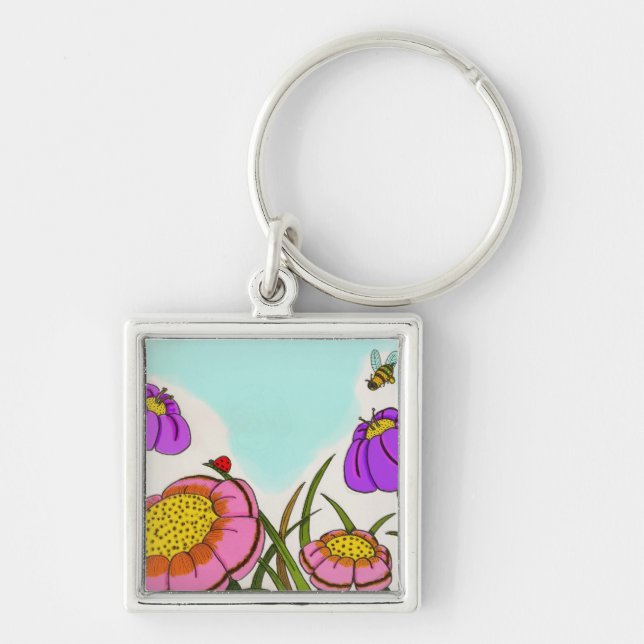 Flower Mewn Keychain Fyrkantig Silverfärgad Nyckelring (Framsidan)