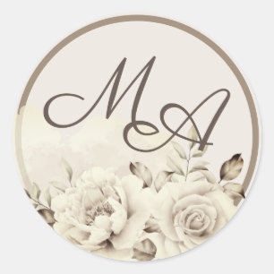 Flower monogram rustik vit ros bröllop Sticker Runt Klistermärke