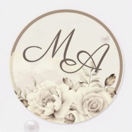 Flower monogram rustik vit ros bröllop Sticker Runt Klistermärke
