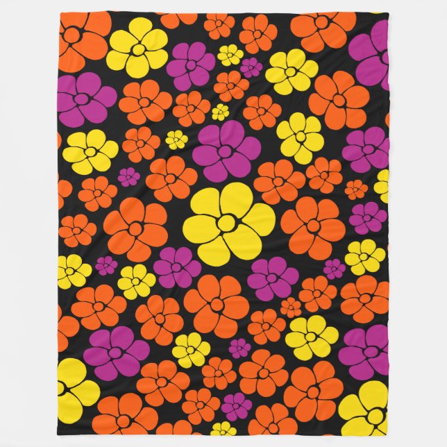 Flower Mönster - Black, Rosa, Orange och Gult Fleecefilt (Framsidan)