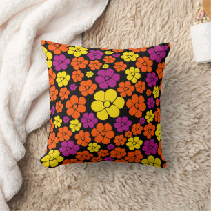 Flower Mönster - Black, Rosa, Orange och Gult Kudde