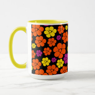 Flower Mönster - Black, Rosa, Orange och Gult Mugg