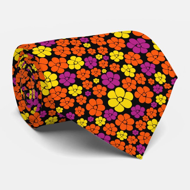 Flower Mönster - Black, Rosa, Orange och Gult Slips (Rullad)