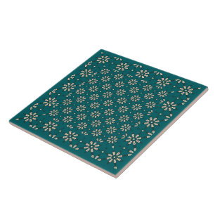 Flower Mönster, Cream, Mörk Teal: Ceramic Tile Kakelplatta