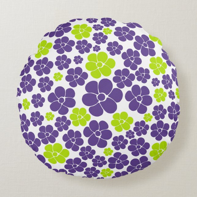 Flower Mönster i Lime Green och Lila Rund Kudde (Framsidan)