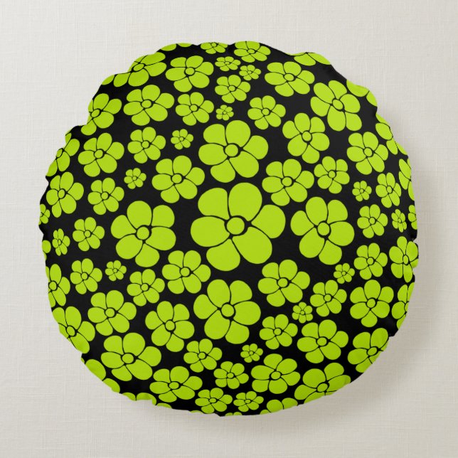 Flower Mönster - Lime Green Rund Kudde (Framsidan)