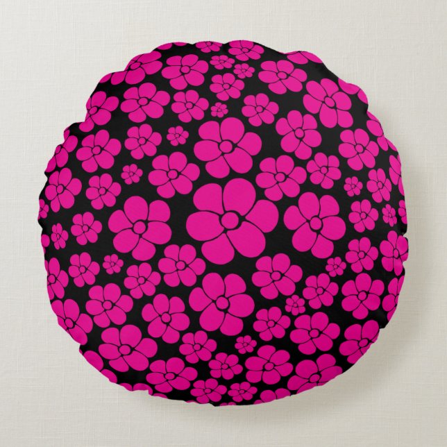 Flower Mönster - Magenta och Black Dekorativ kudde (Framsidan)