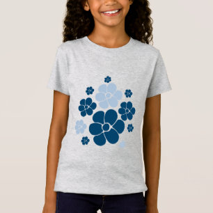 Flower Mönster - Mörk blått, Light Blue and Cream T Shirt