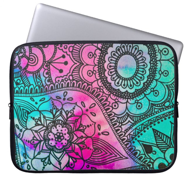 Flower Mönster Rosa och Aqua Laptop sleeve (Framsidan)