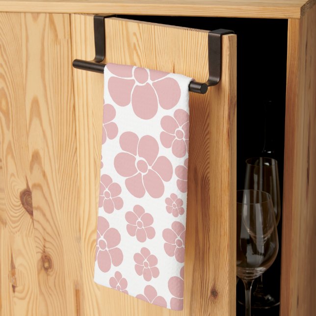 Flower Mönster - Rosa och vit Kökshandduk (Thirds Fold)