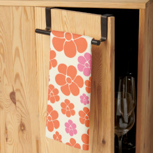 Flower Mönster - Rosa, Orange och grädde Kökshandduk