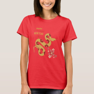 Flower Mönster Snake Lycklig kinesiska nyårsrött T Shirt
