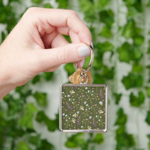 Flower Mönster Vår Blommigt Fyrkantig Silverfärgad Nyckelring
