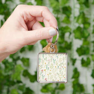 Flower Mönster Vår Blommigt Fyrkantig Silverfärgad Nyckelring
