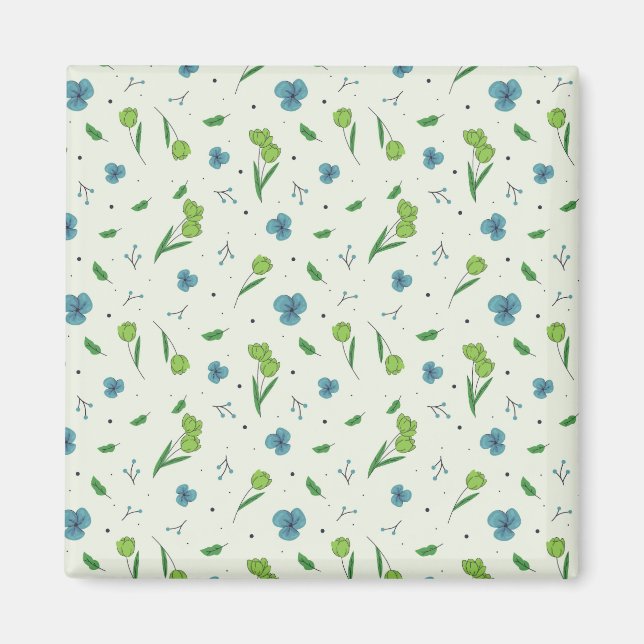 Flower Mönster Vår Blommigt Square Magnet (Framsidan)