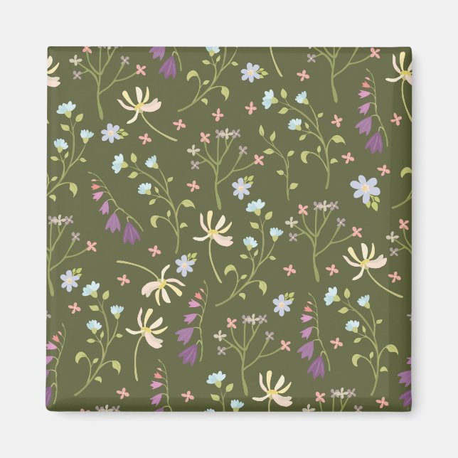 Flower Mönster Vår Blommigt Square Magnet (Framsidan)
