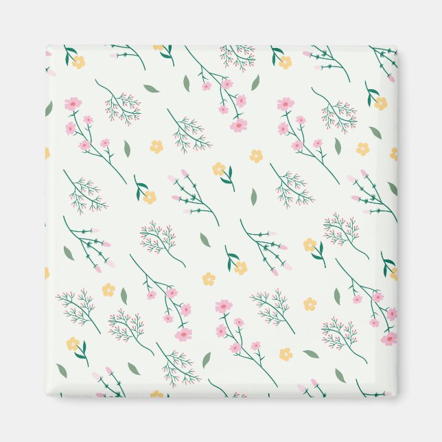 Flower Mönster Vår Blommigt Square Magnet (Framsidan)