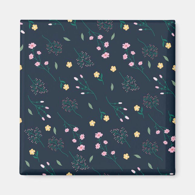 Flower Mönster Vår Blommigt Square Magnet (Framsidan)