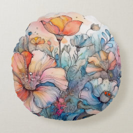 Flower Mönster Watercolor Rund Kudde