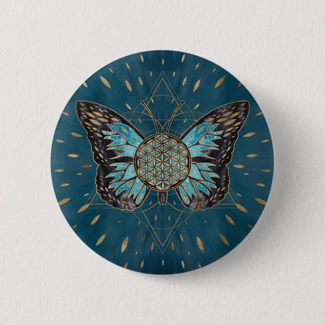 Flower of Life Butterfly - Blue Gemstone and guld Knapp (Framsida)