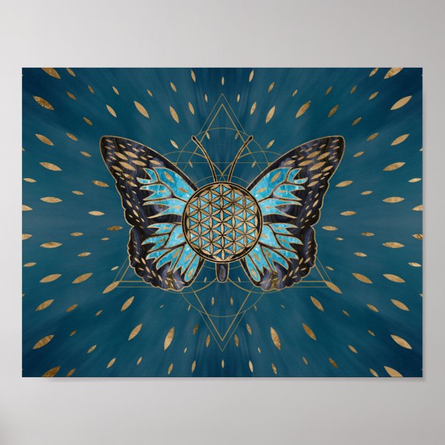 Flower of Life Butterfly - Blue Gemstone and guld Poster (Framsidan)